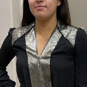 Haute Hippie Sequin Embellished Collar Cinched Waist Blouse Black Size XS